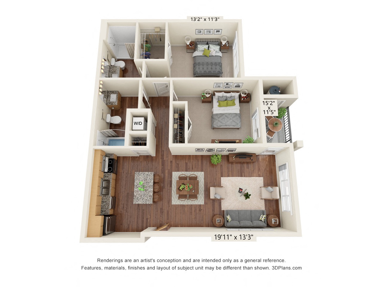 Floor plan for 2 beds, 2 baths, 1065 sqft